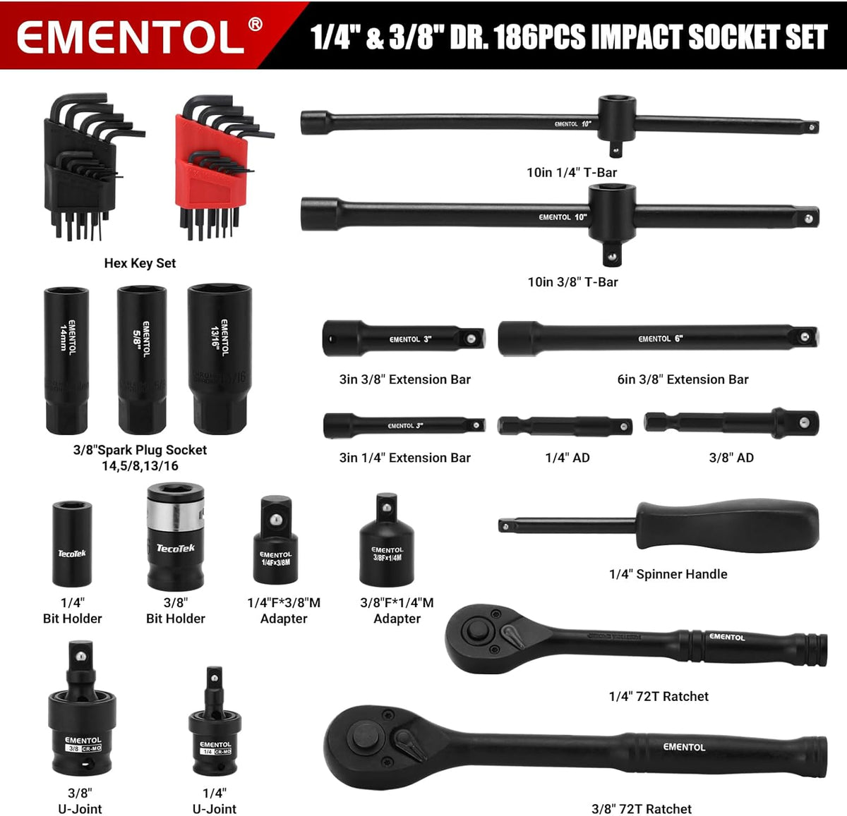 Ensemble de douilles à impact EMENTOL 189 pièces, entraînements métriques et SAE 1/4 et 3/8, acier CR-V, comprenant douilles profondes et courtes, cliquets, embouts, rallonges, douille destiné à bougies et plus encore