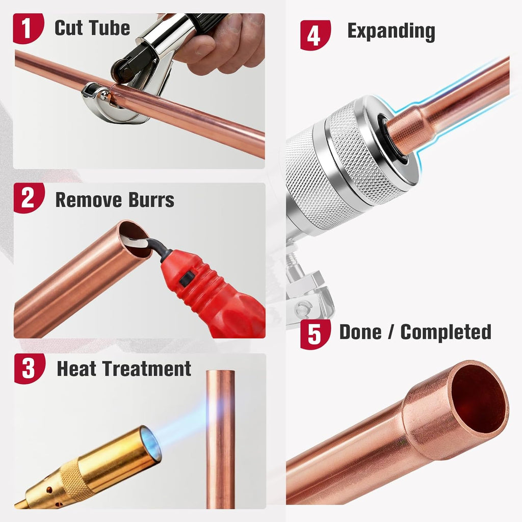 Dispositif d'expansion hydraulique destiné à tubes, ensemble d'équipements de sertissage destiné à tubes en cuivre de 3/8 à 1-1/8 pouce de diamètre extérieur, 7 têtes d'expansion, coupe-tubes, outil d'ébavurage destiné à tubes en cuivre et...