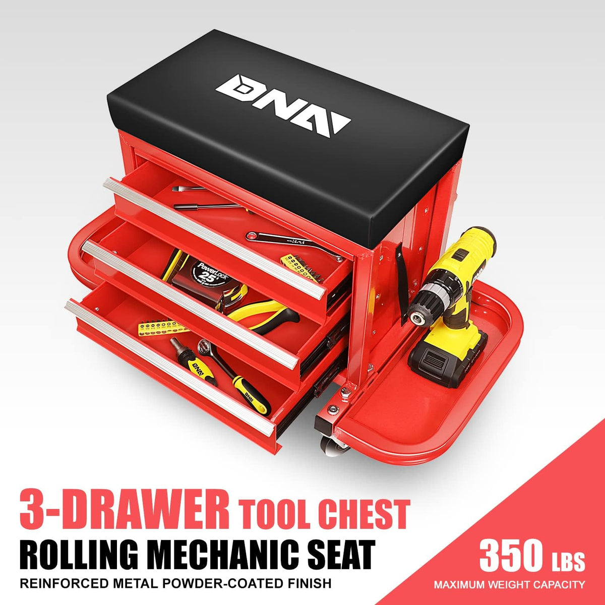Coffre à outils à 3 tiroirs DNA Motoring TOOLS-00261 avec siège de mécanicien roulant et plateaux à outils, capacité de charge maximale de 159 kg (350 lb), rouge – Pratique
