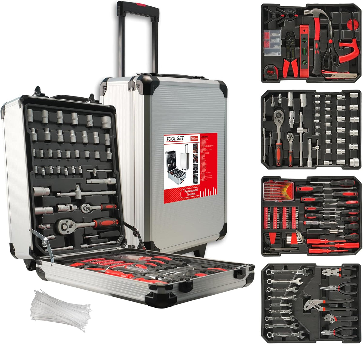 Coffret à équipements trolley en aluminium destiné à homme, 515 pièces, comprenant 4 tiroirs et 4 équipements destiné à la maison, la voiture, le garage et l'entretien. Boîte à équipements doté de roulettes destiné à la réparation automobile.