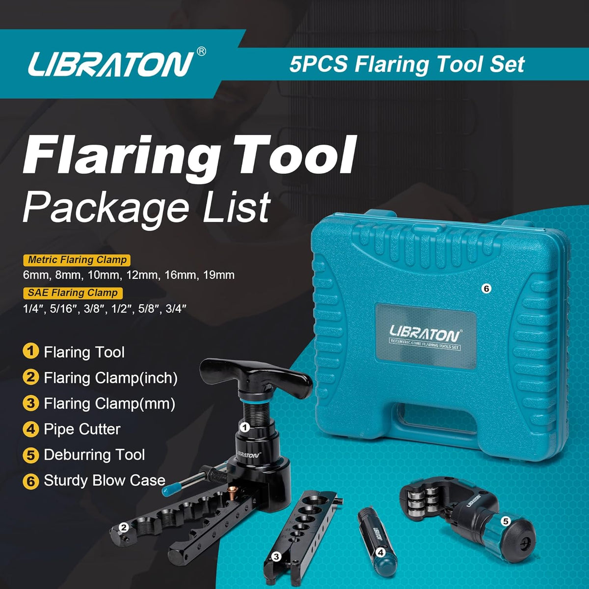 Dispositif à évaser LIBRATON, ensemble d'équipements à évaser destiné à CVC, outil à évaser le cuivre, outil à évaser simple excentrique à 45° destiné à tubes de 1/4'' à 3/4'' et de 6 à 19 mm doté de coupe-tubes, outil d'ébavurage destiné à tubes...