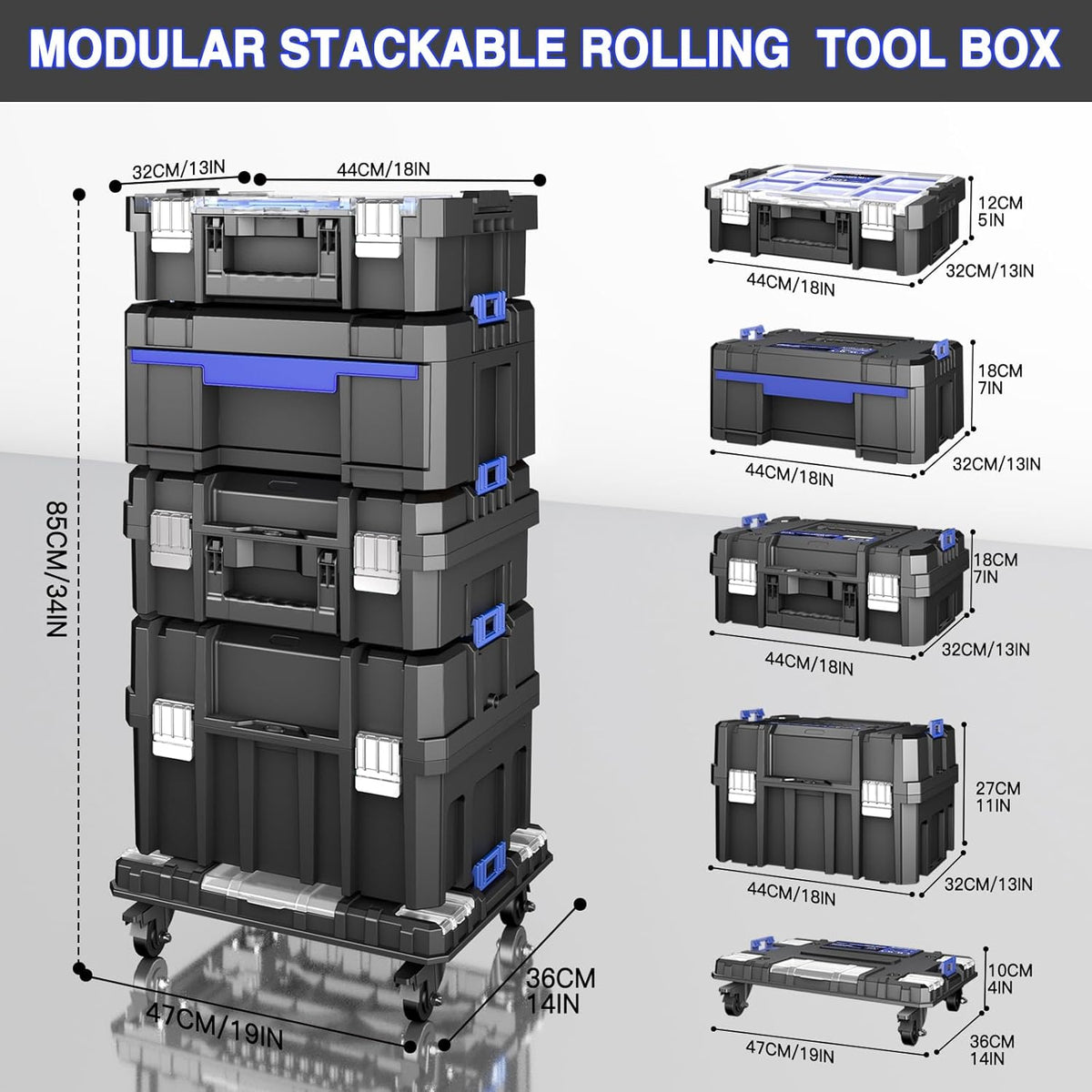 Coffre à outils pratiques empilable à 5 niveaux avec roulettes, coffre à outils roulant avec tiroirs, organisateur d'outils modulaire, coffre à outils portable avec compartiment transparent pour les pièces, coffre à outils grande capacité, pour le ra