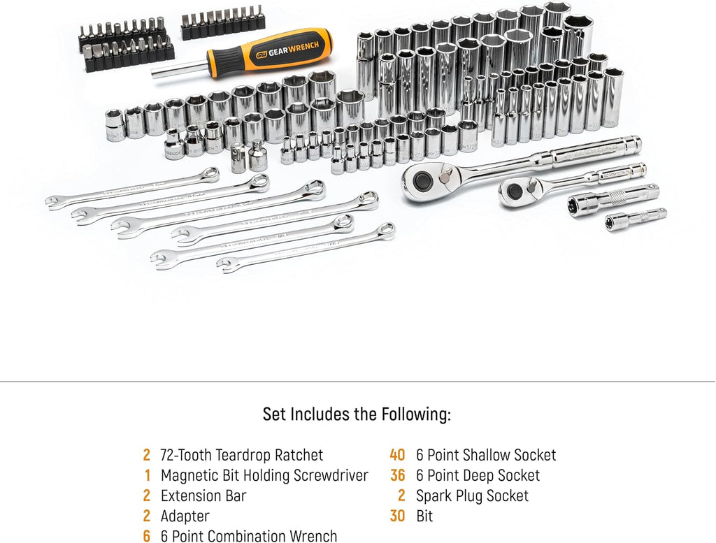 Ensemble d'équipements à main GEARWRENCH 121 pièces, entraînement 1/4" et 3/8", 72 dents, dimensions SAE/métriques | GW72SCBMTS