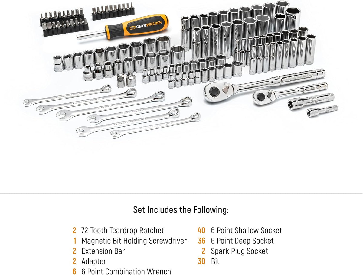 Ensemble d'équipements à main GEARWRENCH 121 pièces, entraînement 1/4" et 3/8", 72 dents, dimensions SAE/métriques | GW72SCBMTS