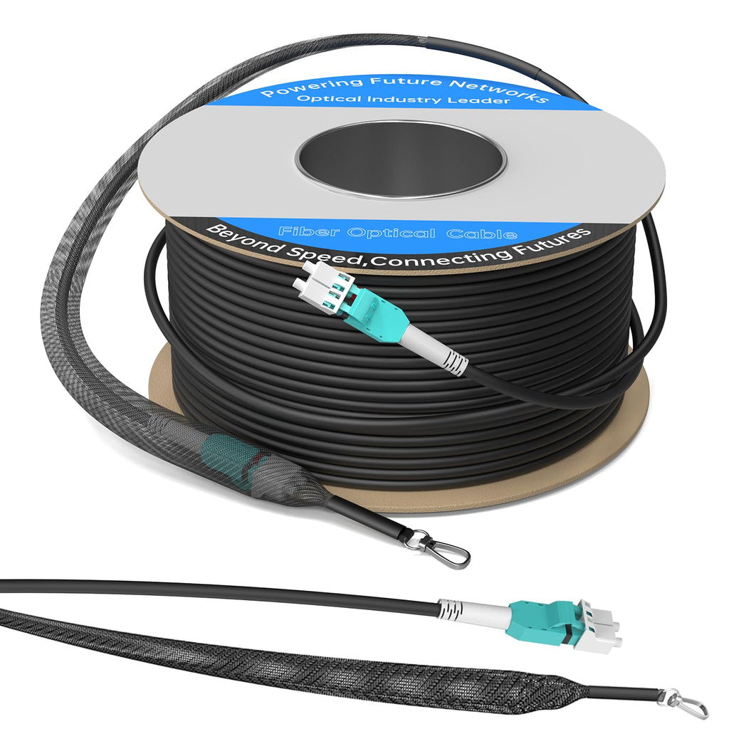 Câble pour brassage fibre optique blindé extérieur 100 m / 328 pi OM3/OM4 LC à LC, multimode duplex 50/125 µm, 10 Gb/40 Gb/100 Gb, gaine TPU industrielle, enfouissement direct, Uniboot, diamètre extérieur MMF 5 mm, kit d'œillet de traction installé