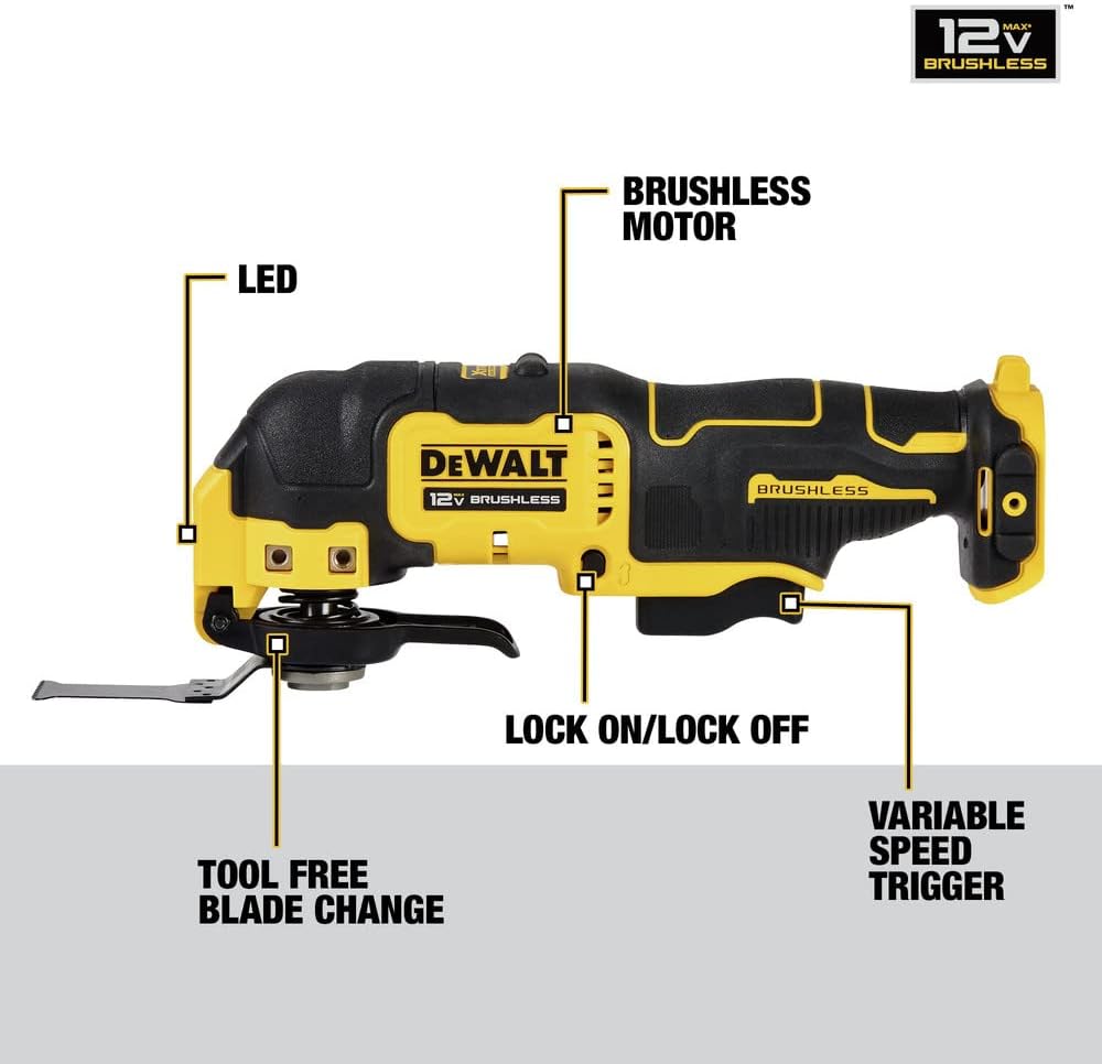 Dispositif oscillant sans fil DEWALT XTREME 12V MAX doté de lames et adaptateur, outil seul (DCS353B)