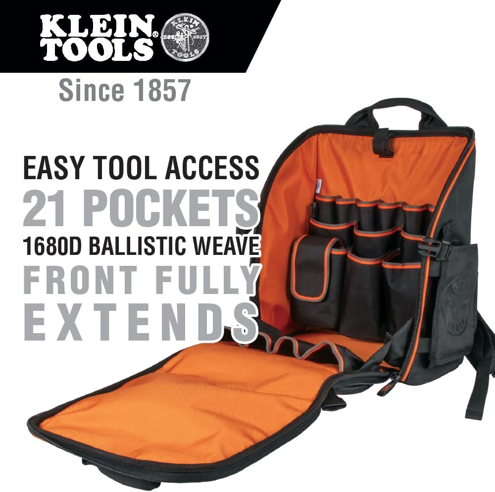 Trousse à équipements Klein Tools 80062 doté de sac à dos Tradesman Pro à 21 poches, gobelet isotherme et porte-clés en cuir, 3 pièces