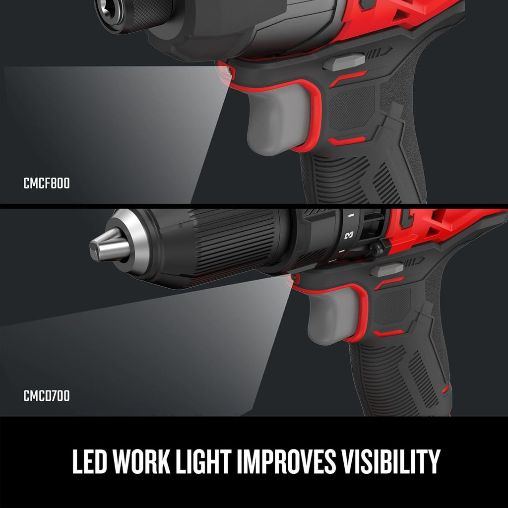 Ensemble perceuse-visseuse et visseuse à percussion sans fil CRAFTSMAN V20 MAX, comprenant 2 batteries, un chargeur, une lampe pour travail LED, 2 embouts et un sac (CMCK200C2)