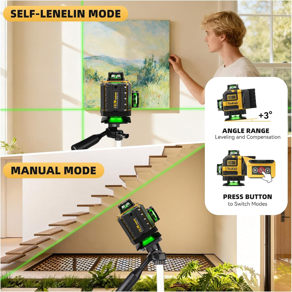 Niveau laser 16 lignes doté de trépied - Laser à lignes croisées 360° doté de trépied, niveau laser vert 4D, outil d'auto-nivellement 4x360 destiné à accrocher des tableaux, rénovation de maison, projets d'intérieur, 2 piles incluses