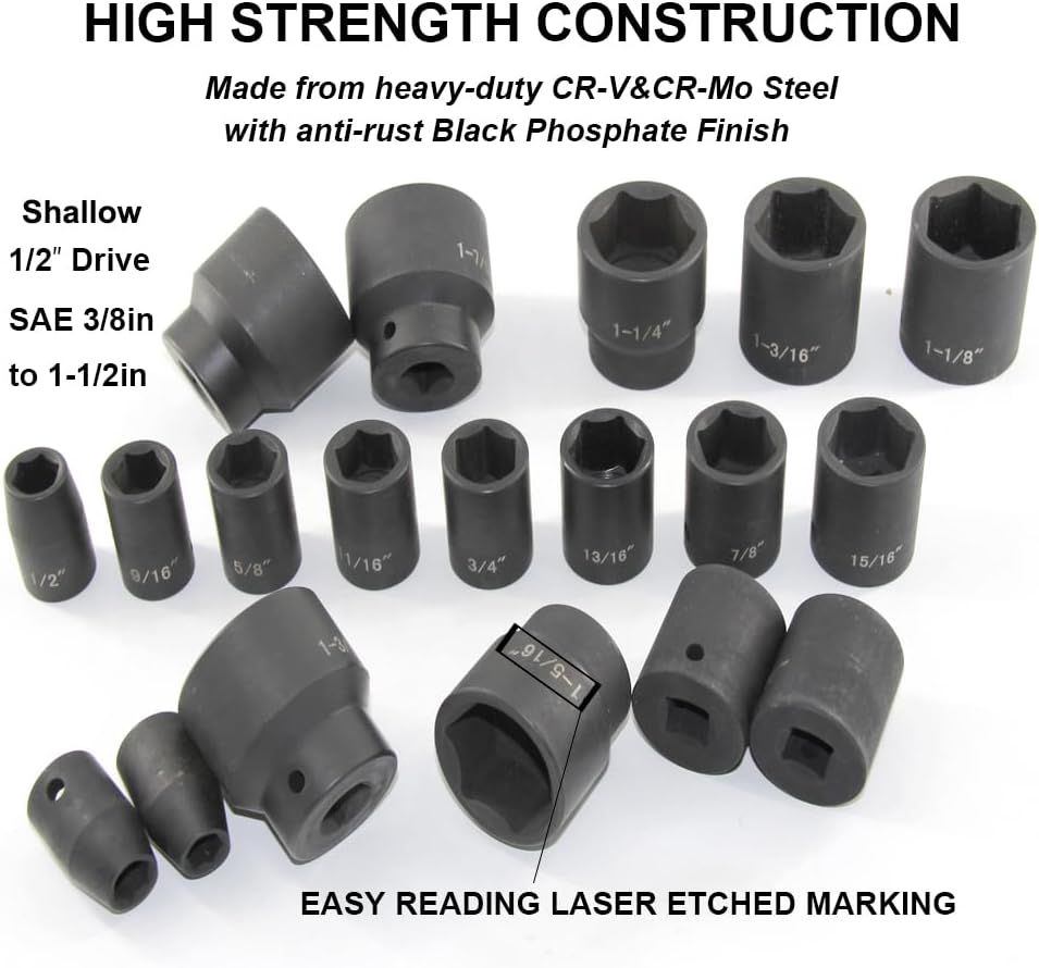 Ensemble de 19 douilles à impact MacWork, entraînement 1/2 pouce, standard/courtes, SAE, 3/8 à 1-1/2 pouce, acier allié CR-V et Cr-Mo, conception hexagonale à 6 pans arrondis.