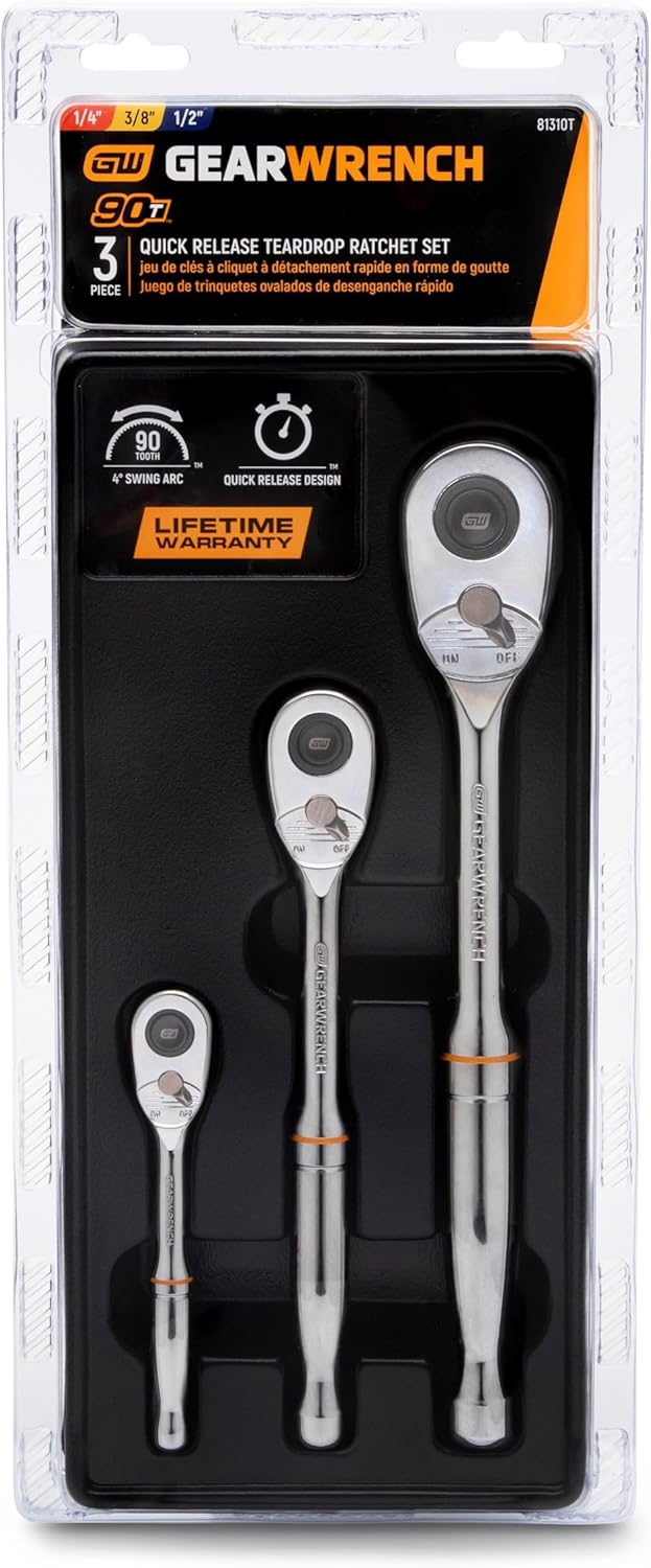 Clé à cliquet à dégagement rapide GEARWRENCH 3 pièces, entraînements 1/4", 3/8" et 1/2", 90 dents | 81310T – sélection pratique