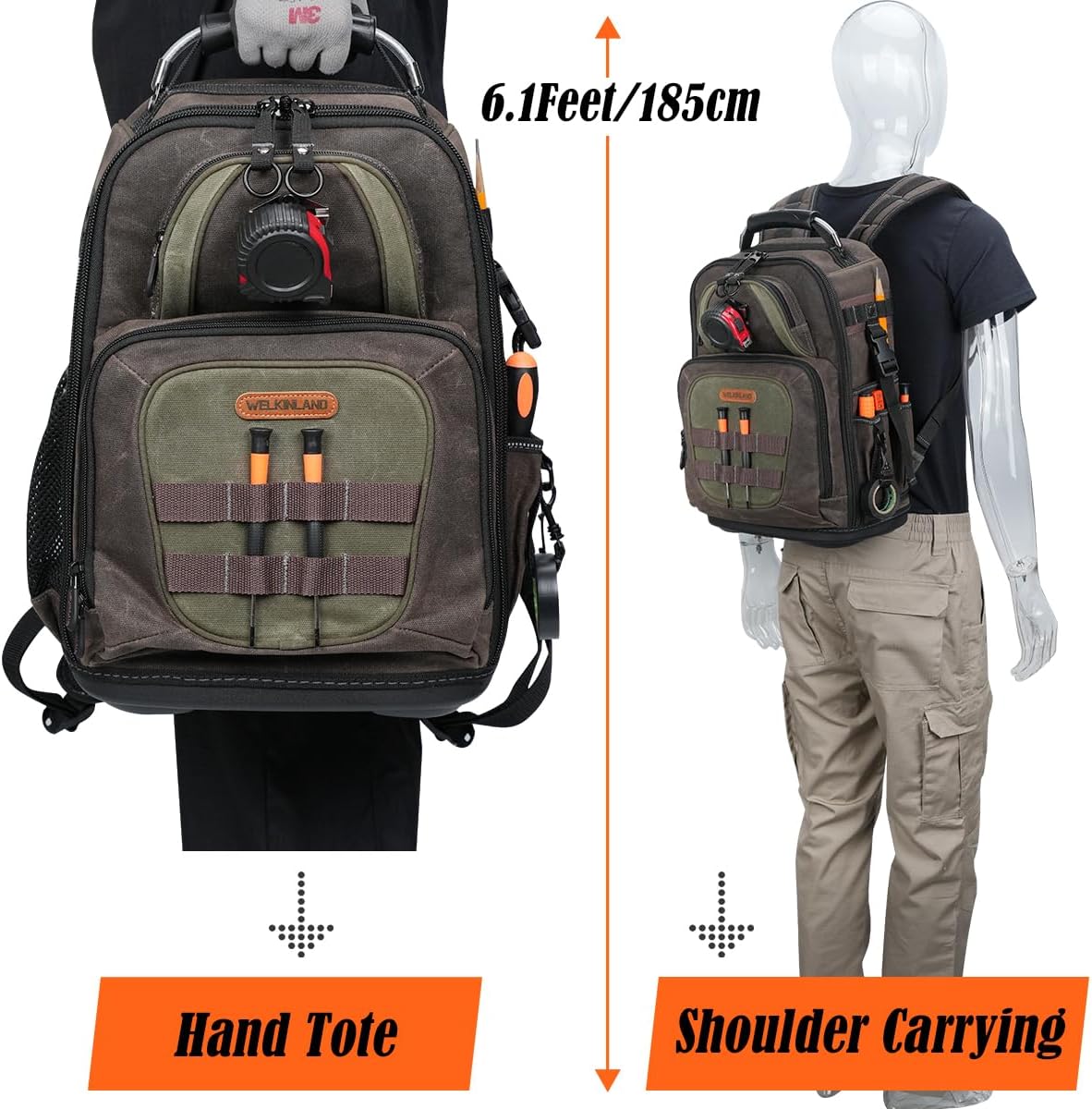 Sac à dos d'électricien WELKINLAND à 36 poches, sac à dos rigide destiné à techniciens CVC, sac à dos en toile cirée destiné à techniciens, sac à dos à équipements robuste destiné à hommes