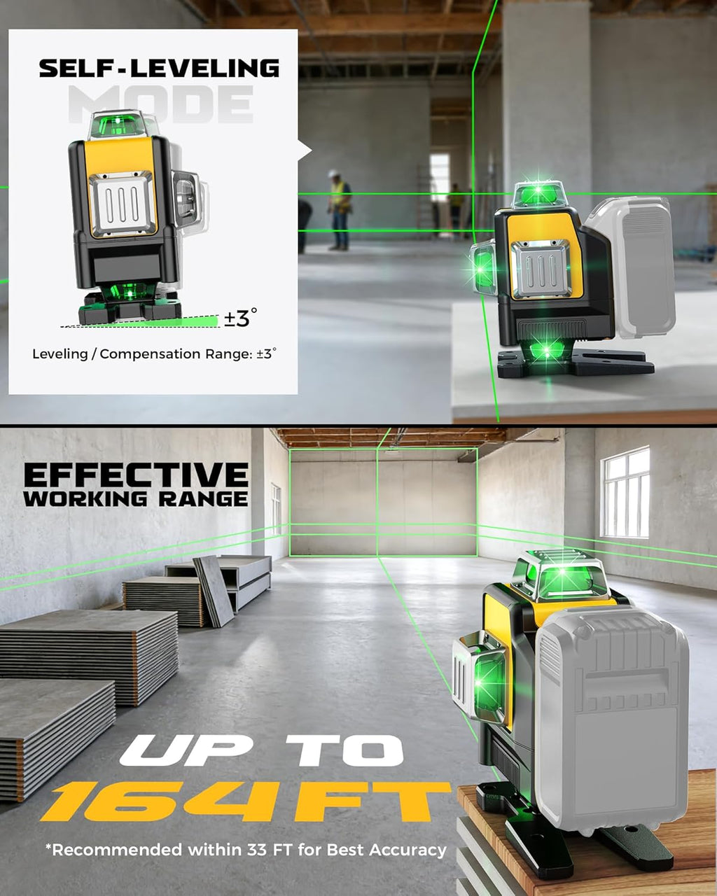 Niveau laser DIYtoolifz compatible doté de batterie DeWalt 20 V, autonivelant 4D 4x360°, outil de niveau laser vert 4 voies à 16 lignes destiné à projets de construction, carrelage, rénovation, utilisation intérieure, sans pile