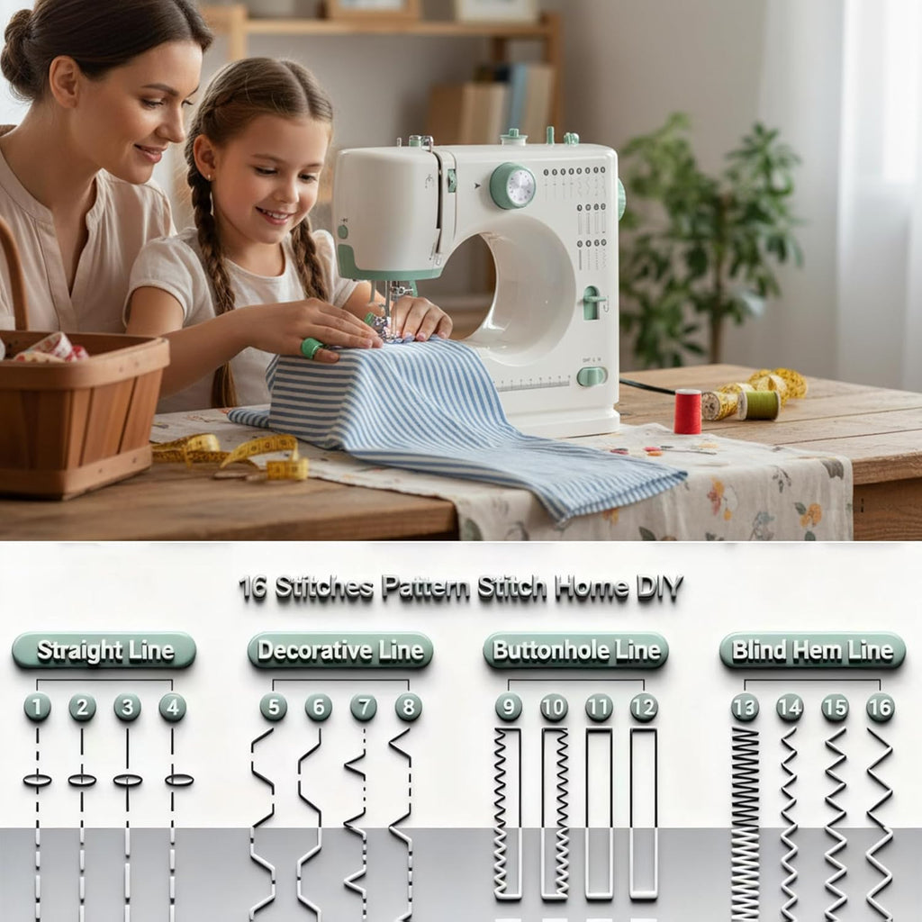 Machine à coudre destiné à débutants, à double aiguille, 16 points intégrés, kit d'accessoires inclus, format compact idéal destiné à les voyages, les réparations de vêtements et le bricolage, doté de pédale.