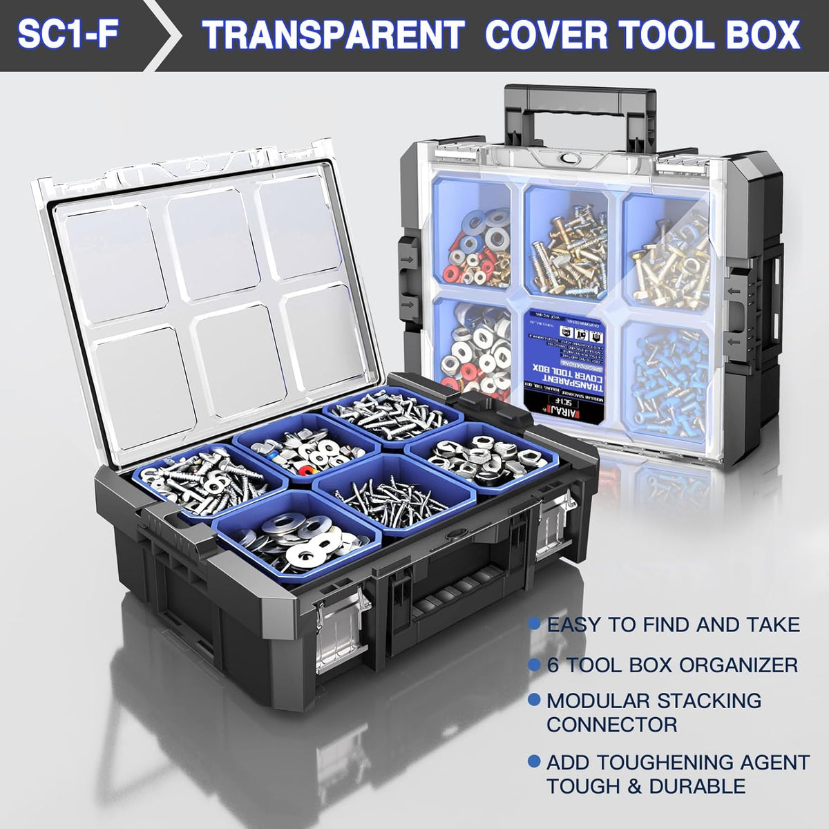 Coffre à outils pratiques empilable à 5 niveaux avec roulettes, coffre à outils roulant avec tiroirs, organisateur d'outils modulaire, coffre à outils portable avec compartiment transparent pour les pièces, coffre à outils grande capacité, pour le ra