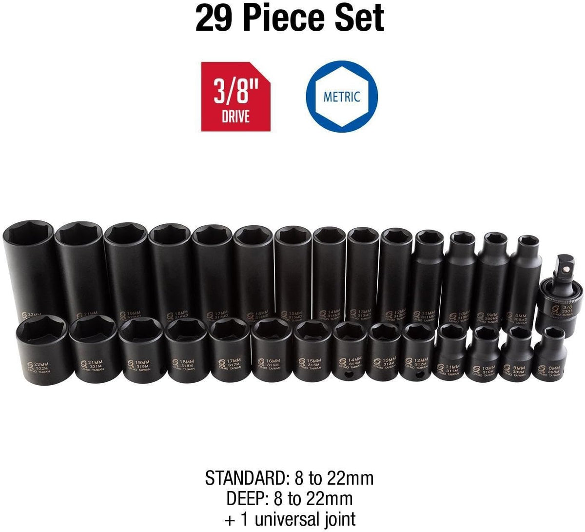 Sunex Tools - Ensemble de 29 douilles à chocs métriques 3/8" SE