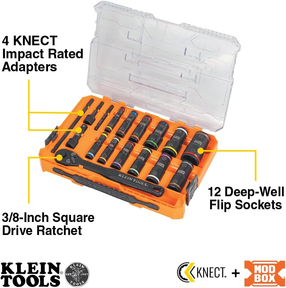Ensemble de douilles à impact profondes Klein Tools 65626 KNECT, cliquet 3/8", 24 douilles réversibles SAE et métriques, coffret MODbox