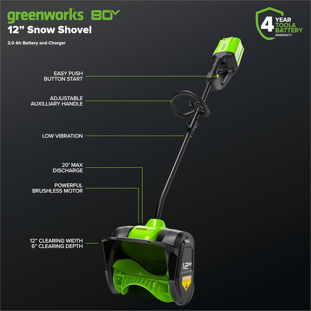 Pelle à neige sans fil Greenworks 80 V (compatible doté de plus de 75 équipements) de 30 cm (12 po) doté de batterie 2,0 Ah et chargeur inclus