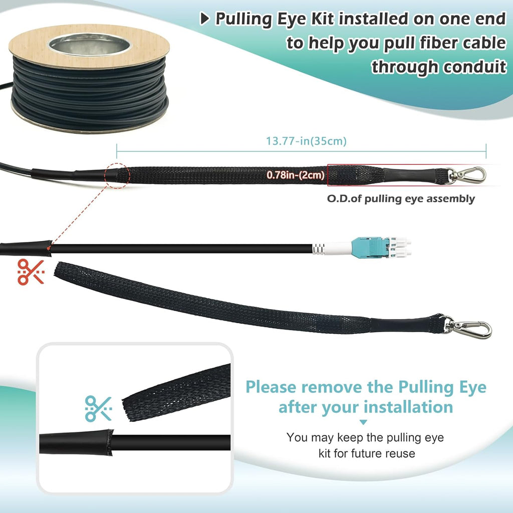 Câble de brassage fibre optique multimode duplex blindé OM3 LC-LC, 150 m (500 pi), diamètre extérieur 5 mm, en TPU industriel, 10 Gb/s, 50/125 MHz, Uniboot, doté de kit d'œillet de traction installé à une extrémité.