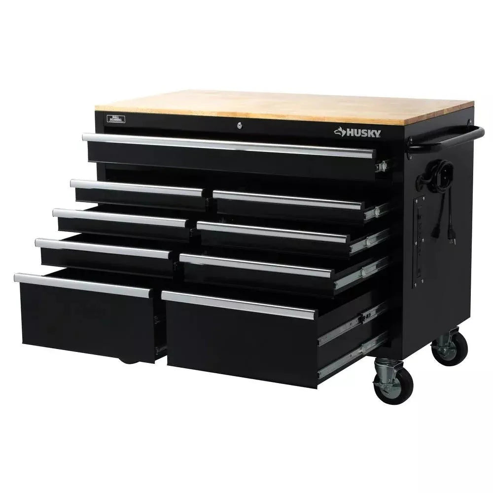 Établi mobile profond à 9 tiroirs, noir brillant, 46 po L x 24 po P – Pratique