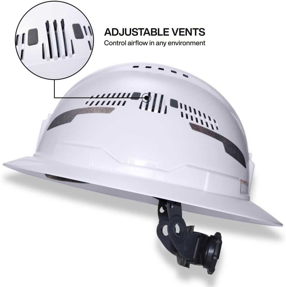 Casque de chantier Klein Tools 60407T2RL de type 2, à large bord ventilé, classe C, doté de jugulaire, suspension à 6 points doté de fixations destiné à accessoires, rembourrage lavable et lampe frontale rechargeable.