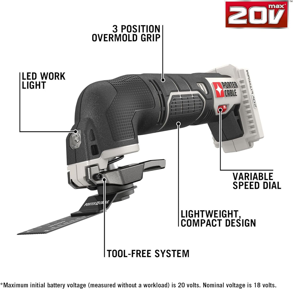 Dispositif oscillant PORTER-CABLE 20V MAX* doté de 11 accessoires, outil seul (PCC710B)
