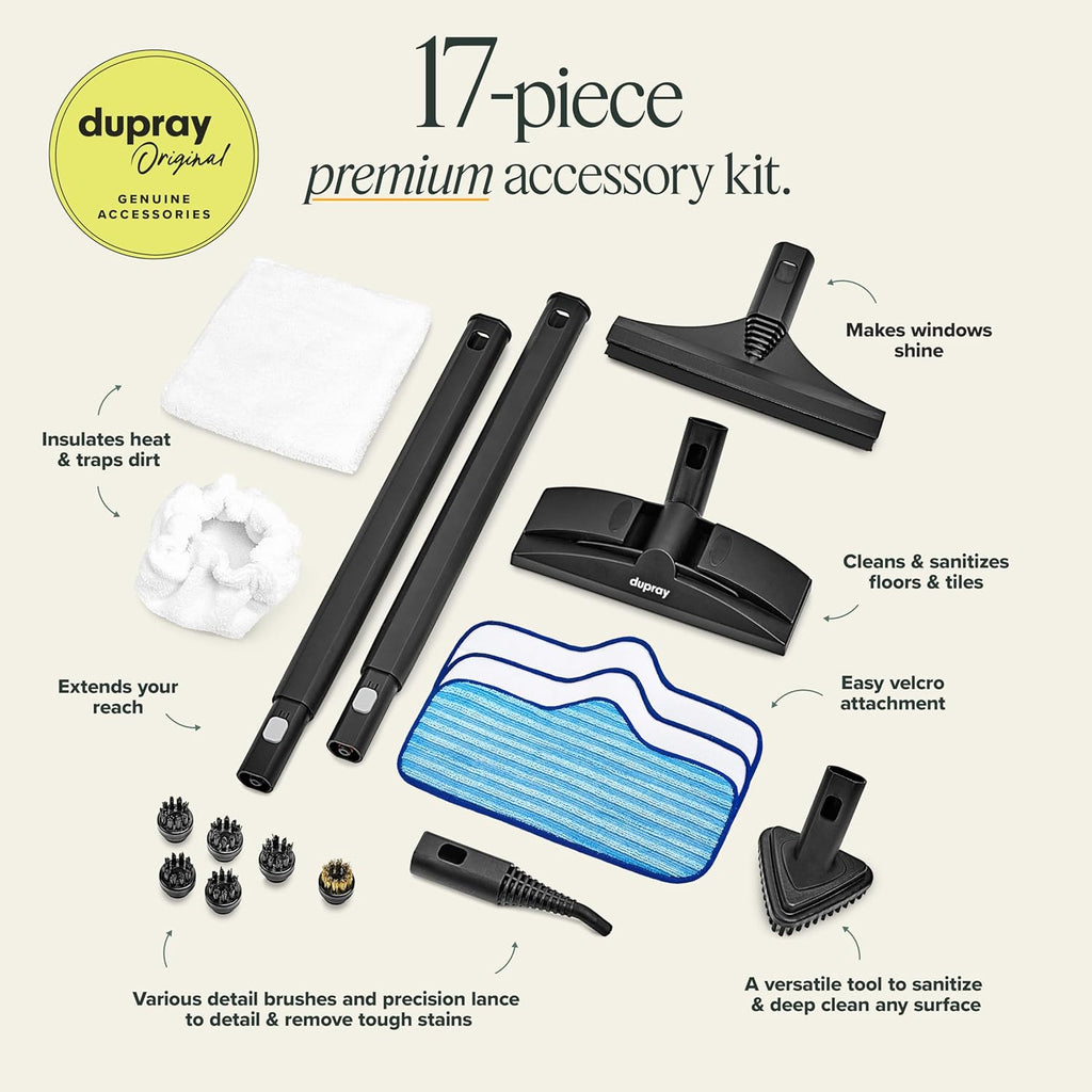 Nettoyeur vapeur Dupray Neat Plus doté de kit d'accessoires de 17 pièces. Un nettoyeur vapeur puissant et polyvalent conçu destiné à le nettoyage en profondeur des sols, des tissus d'ameublement, des joints et plus encore. *Élimine 99,9 % des...