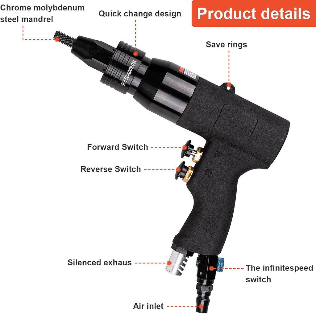 Pistolet à riveter pneumatique Clatoon doté de têtes autobloquantes 10-24, 1/4, 5/16 et 3/8, pistolet à riveter pneumatique à vitesse réglable, ensemble d'équipements destiné à rivets pneumatiques doté de changement rapide de 4 tailles, 6...