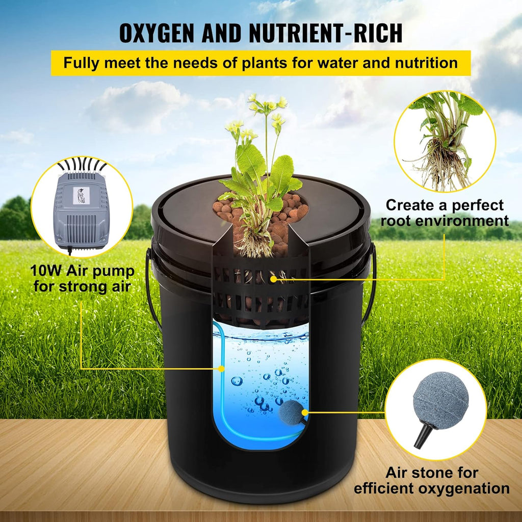 Système hydroponique VEVOR DWC 5 gallons (19 litres) doté de 8 seaux, kit de culture hydroponique en eau profonde, pompe, pierre à air et dispositif de contrôle du niveau d'eau destiné à légumes-feuilles d'intérieur/extérieur