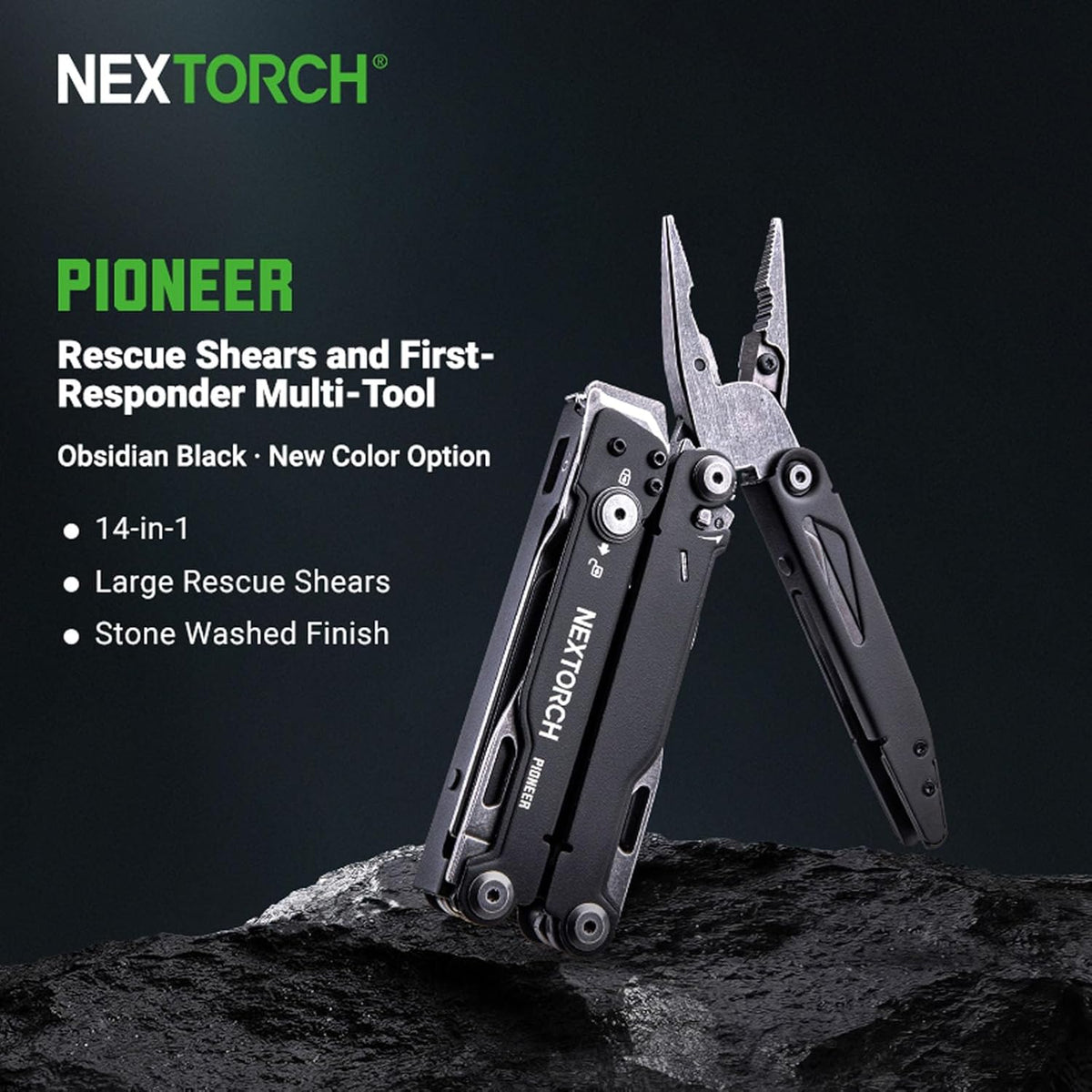 Dispositif multifonction NEXTORCH PIONEER 14-en-1, format standard, doté de ciseaux, pince à bec fin et clip de poche.