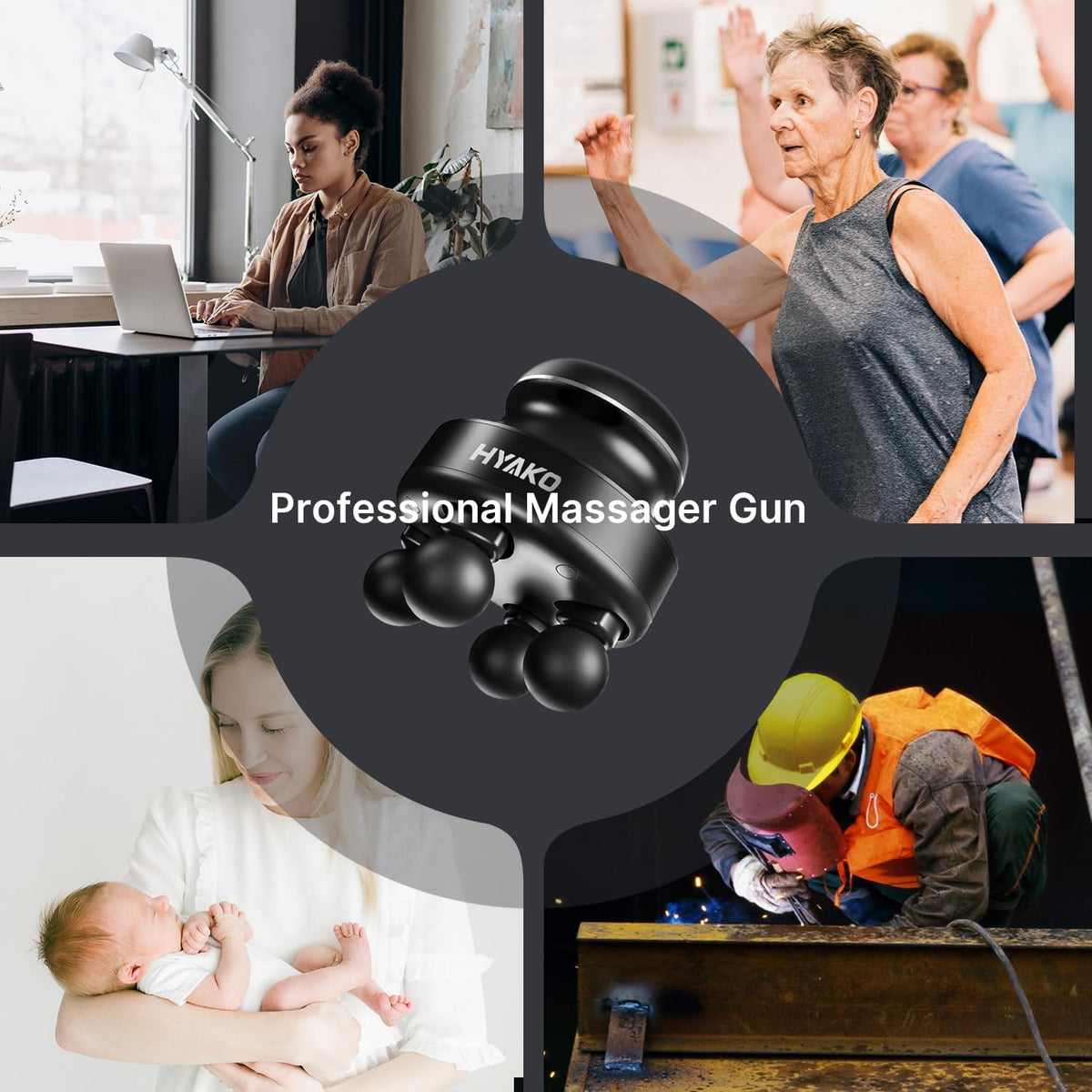 HYAKO F1 Appareil de massage électrique portable à 4 têtes destiné à le corps – Appareil de massage orbital pour usage professionnel portable destiné à soulager les tensions des épaules et du dos, et outil chiropratique destiné à le relâchement...