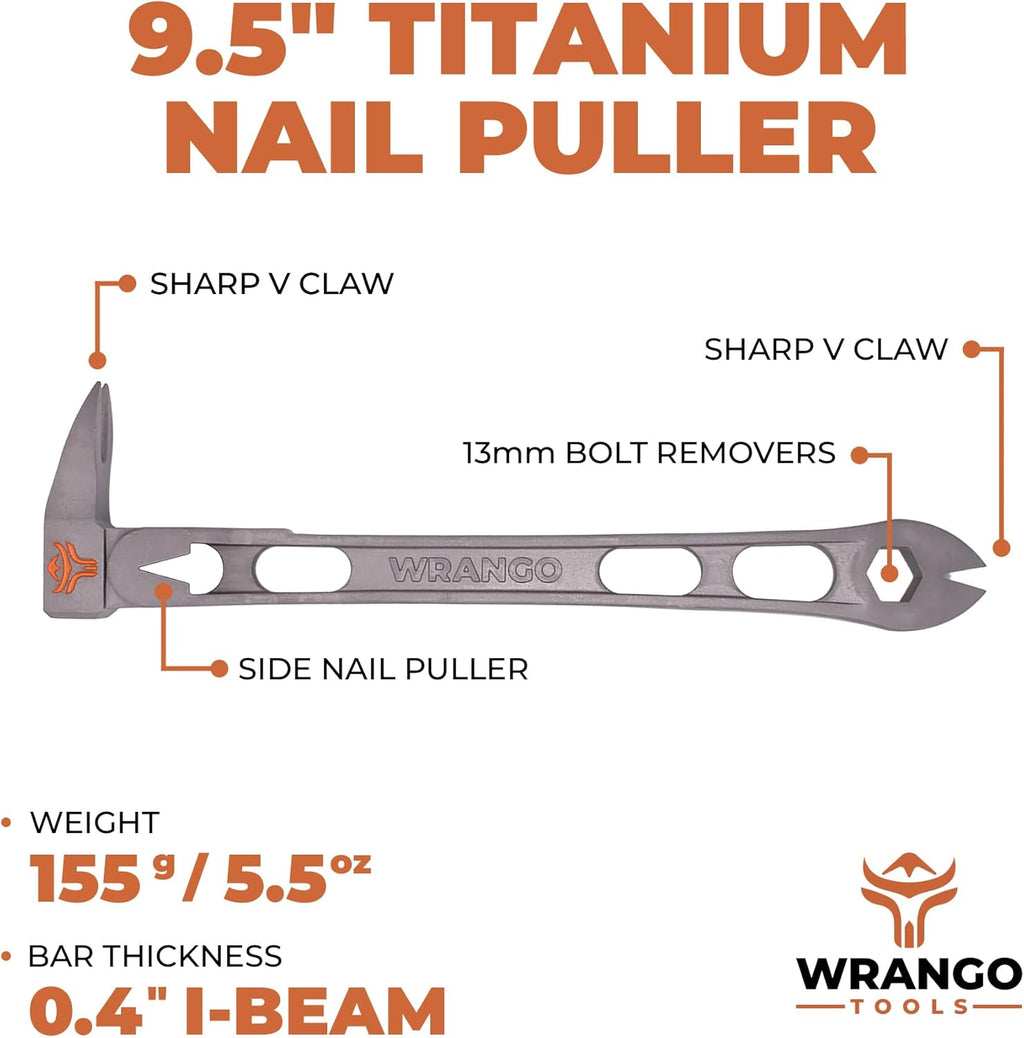 Dispositif Wrango Tools : arrache-clous en titane 9,5 pouces, levier en forme de patte de chat – 45 % plus léger que l’acier – arrache-clous latéral – extracteur de boulons de 13 mm – qualité pour usage professionnel – 5 % des bénéfices reversés...
