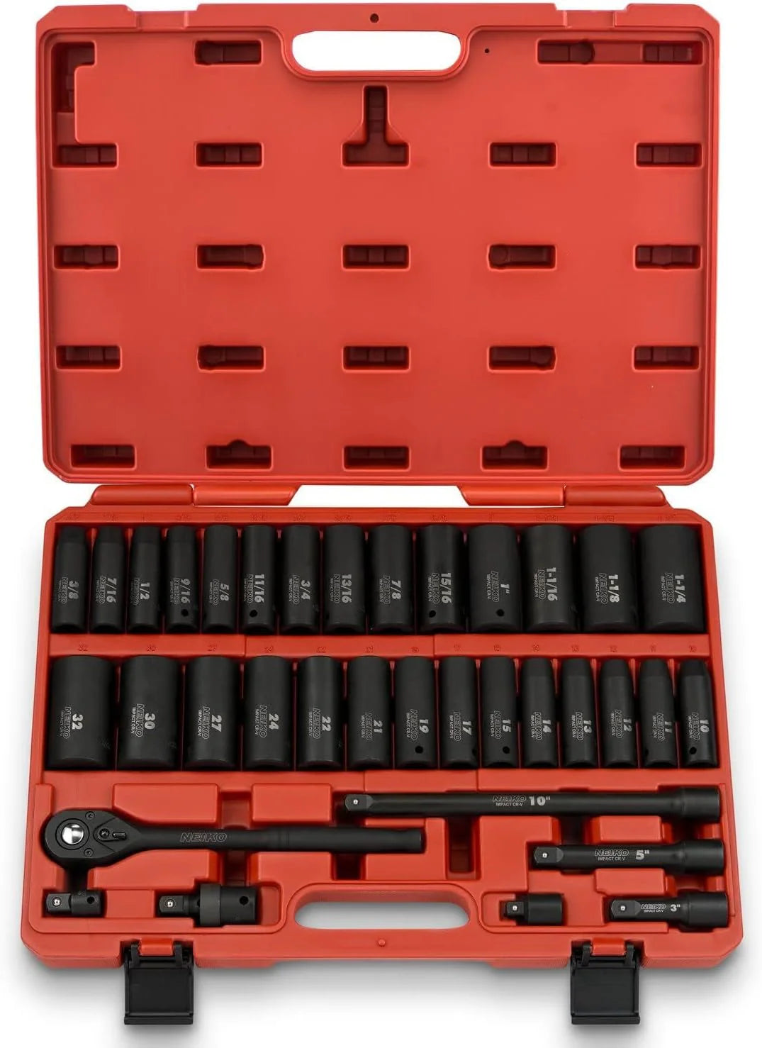 Ensemble de douilles à impact Master Master 1/2", 65 pièces, tailles standard SAE (3/8-1-1/4") et métriques (10-24 mm), kit destiné à douilles profondes et superficielles, adaptateurs et cliquet inclus.