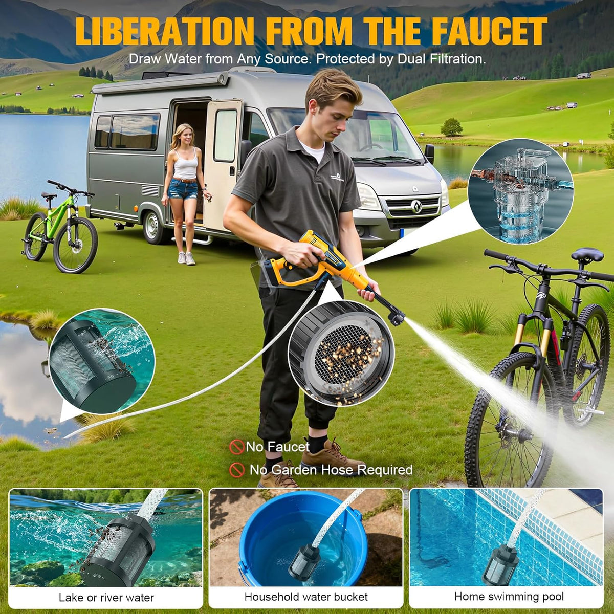 équipements de nettoyage destiné à voiture, 600 W, moteur sans balais, buse 6 en 1 et canon à mousse destiné à voiture, terrasse, clôture (jaune)