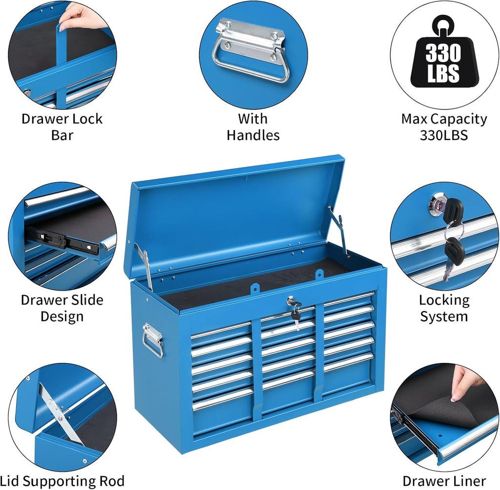 Coffre à outils portable Winado 24, coffre à outils à 5 tiroirs avec poignée de transport, compartiment supérieur, glissières à billes, coffre à outils métallique verrouillable pour garage, entrepôt, atelier de réparation et maison, bleu – Pratique