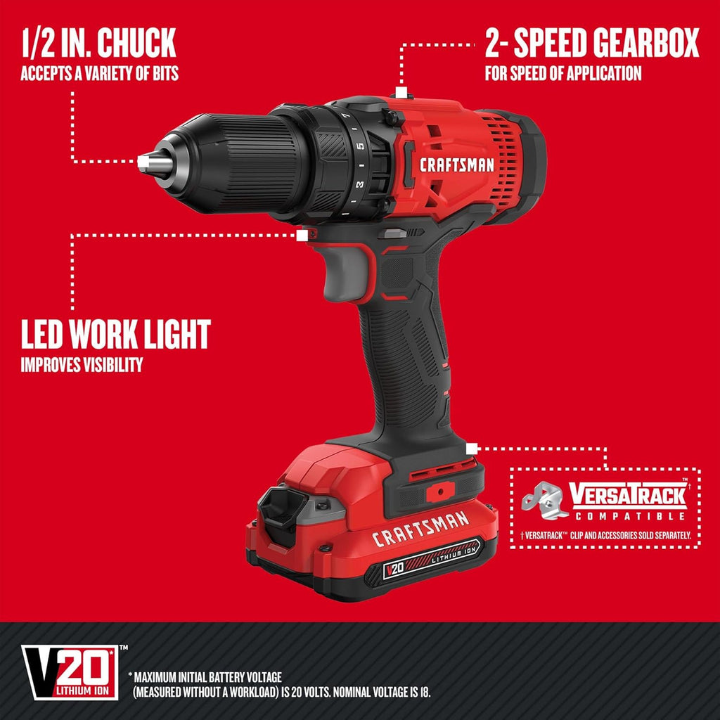 Ensemble perceuse-visseuse et visseuse à percussion sans fil CRAFTSMAN V20 MAX, comprenant 2 batteries, un chargeur, une lampe pour travail LED, 2 embouts et un sac (CMCK200C2)
