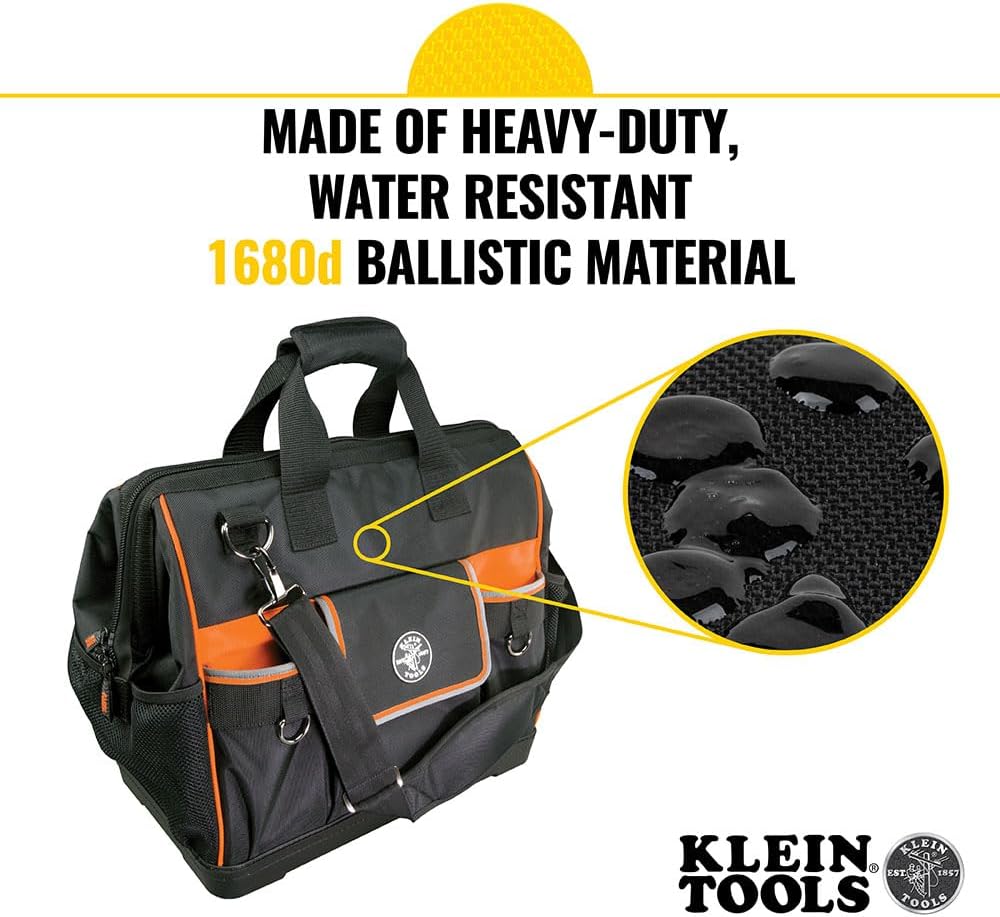 Sac à équipements Klein Tools 55469 Tradesman Pro à grande ouverture, en tissu balistique 1680, doté de fond moulé et bandoulière amovible.