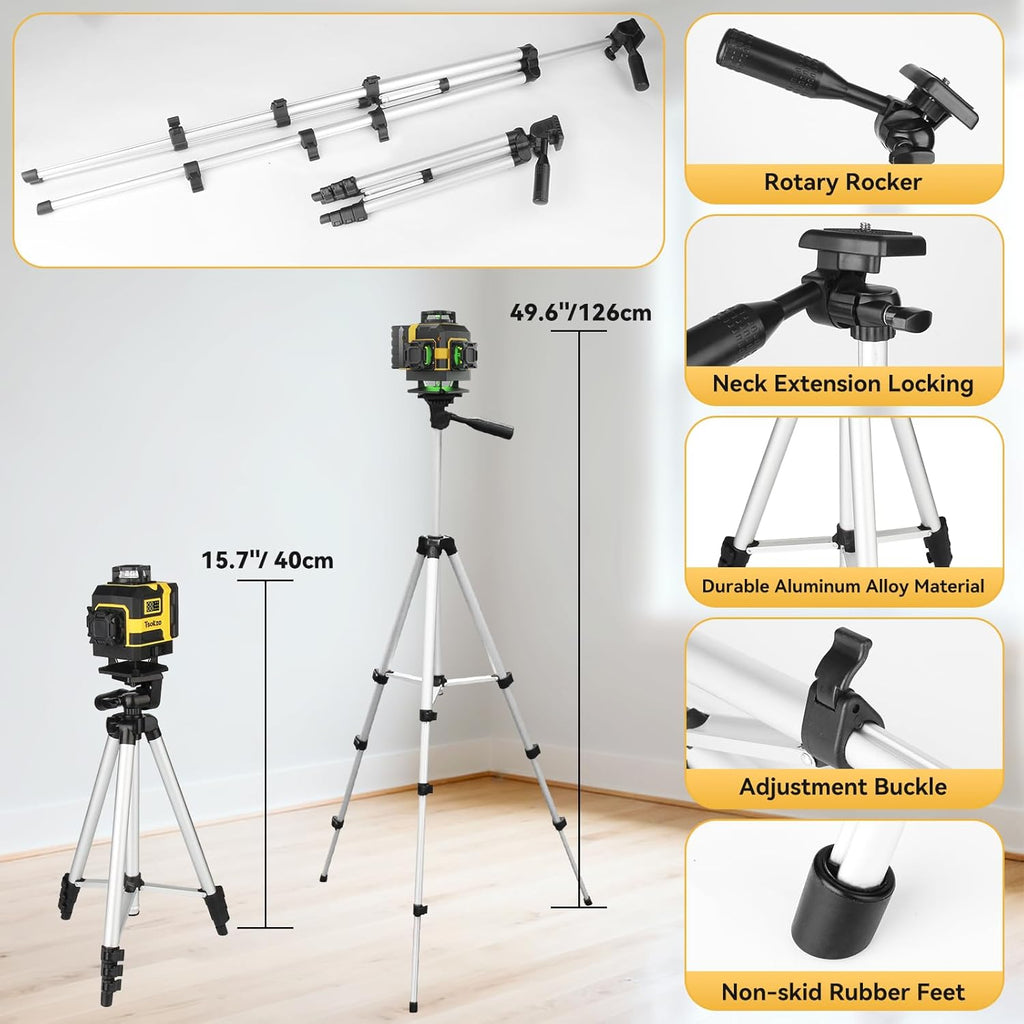 Niveau laser 16 lignes doté de trépied - Laser à lignes croisées 360° doté de trépied, niveau laser vert 4D, outil d'auto-nivellement 4x360 destiné à accrocher des tableaux, rénovation de maison, projets d'intérieur, 2 piles incluses