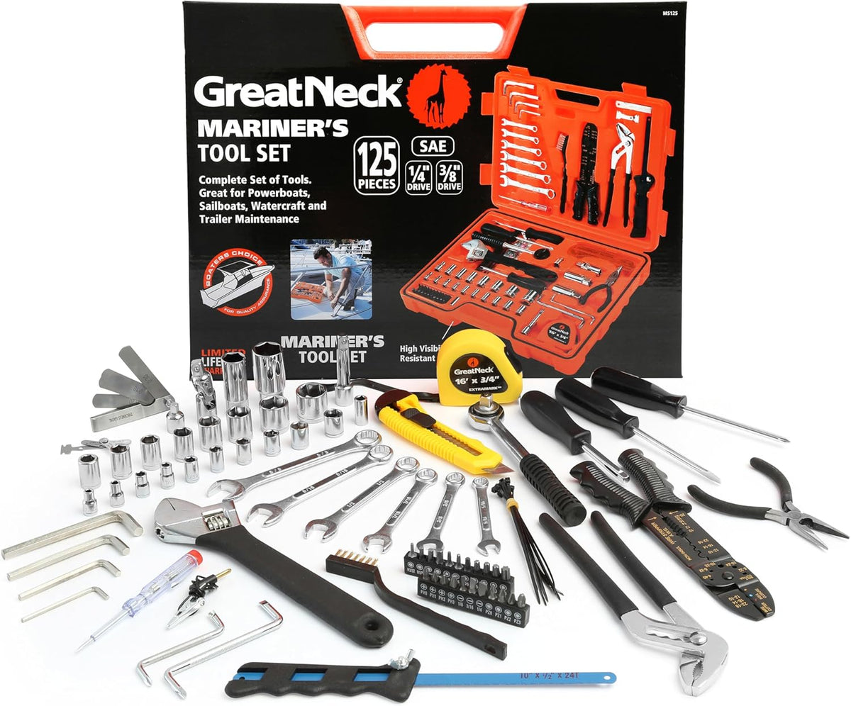 Coffret d'outils pratiques marins Great Neck MS125 de 125 pièces, cadeau pour homme, cadeau pour papa, haute visibilité, coffret à outils de bateau résistant à l'eau, accessoires et fournitures de bateau chromés antirouille