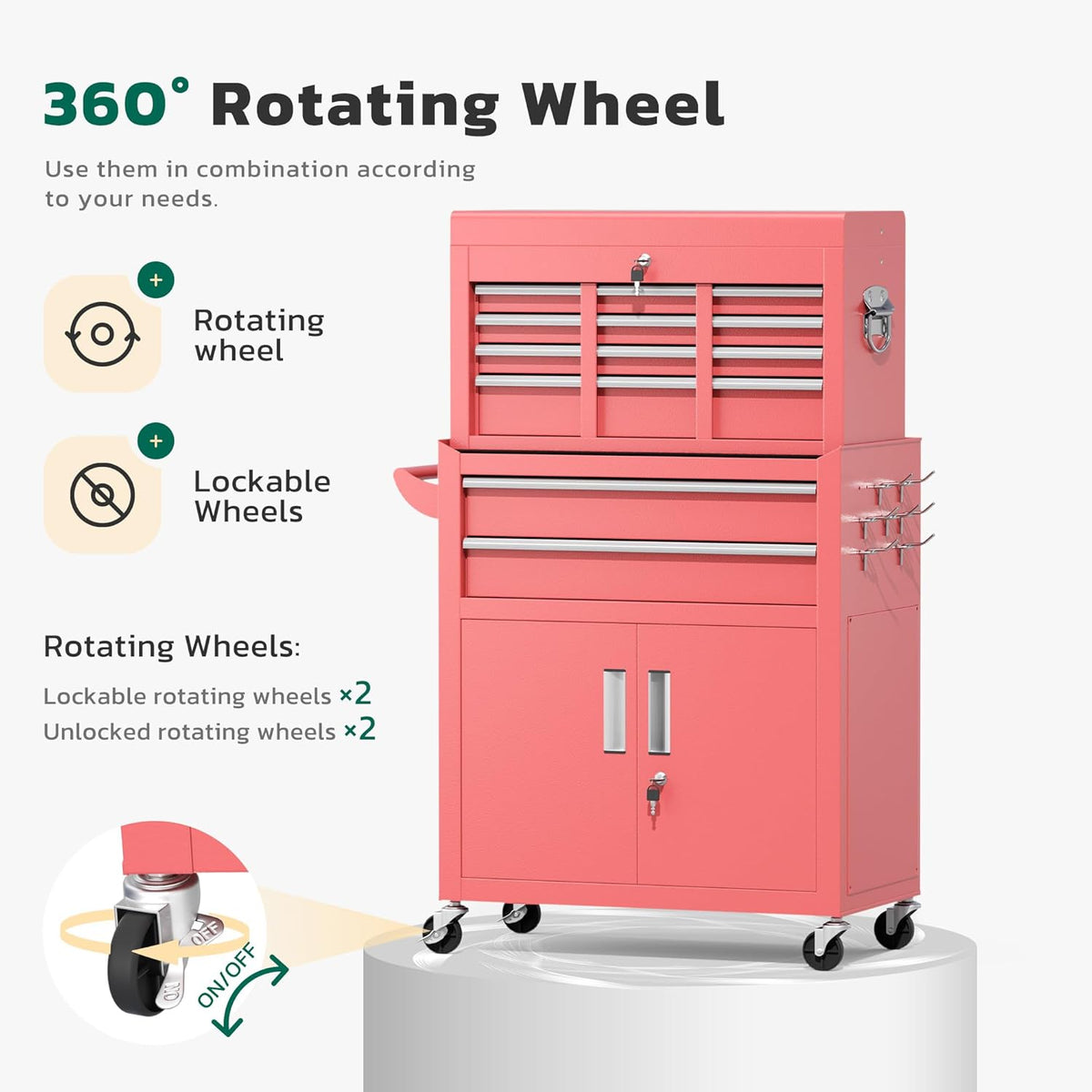 Coffre à outils Greenvelly, coffre à outils roulant à 8 tiroirs avec roulettes, compartiment supérieur amovible, livré assemblé avec doublure et crochets, idéal pour garage, atelier ou entrepôt, rose. – Pratique
