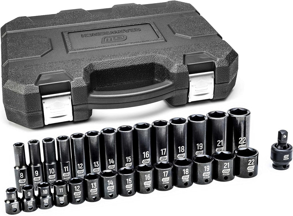 Ensemble de 29 douilles à impact 6 pans, entraînement 3/8", standard et profondes, métriques GEARWRENCH - 84925N