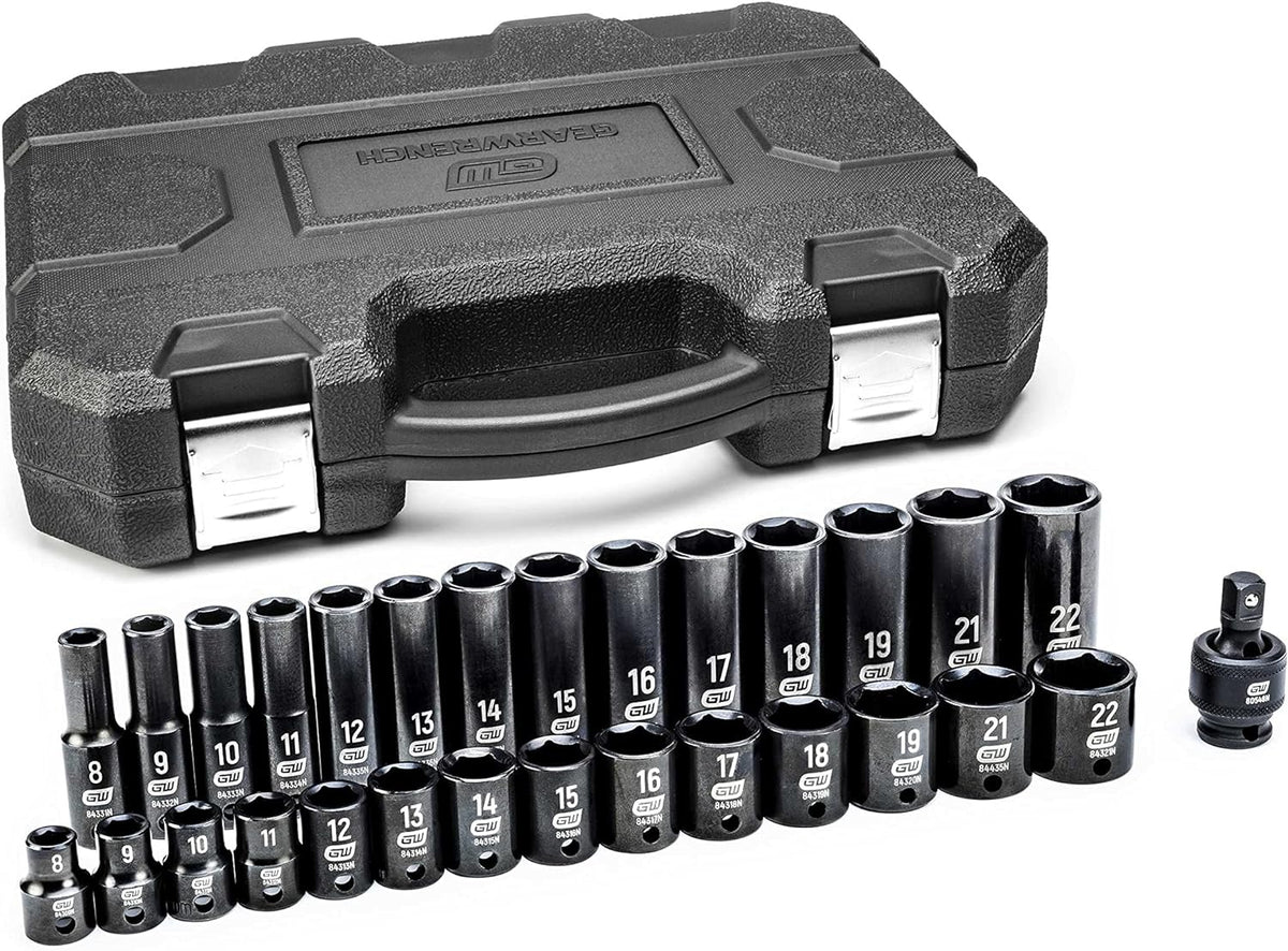 Ensemble de 29 douilles à impact 6 pans, entraînement 3/8", standard et profondes, métriques GEARWRENCH - 84925N