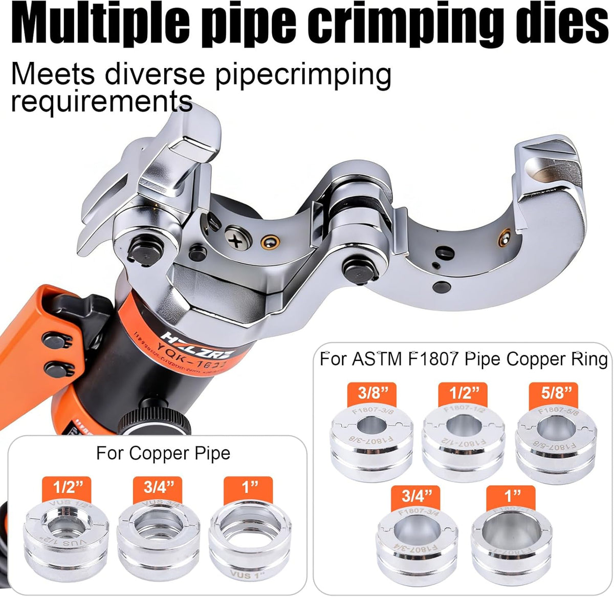 Ensemble de sertissage de tuyaux en cuivre et PEX HZLZRZ Pro Press : jeu de 8 matrices destiné à tuyaux en cuivre de 1/2, 3/4 et 1 pouce, compatible doté de les anneaux en cuivre ASTM F1807 PEX (5 tailles de 3/8 à 1 pouce), outil pour usage...