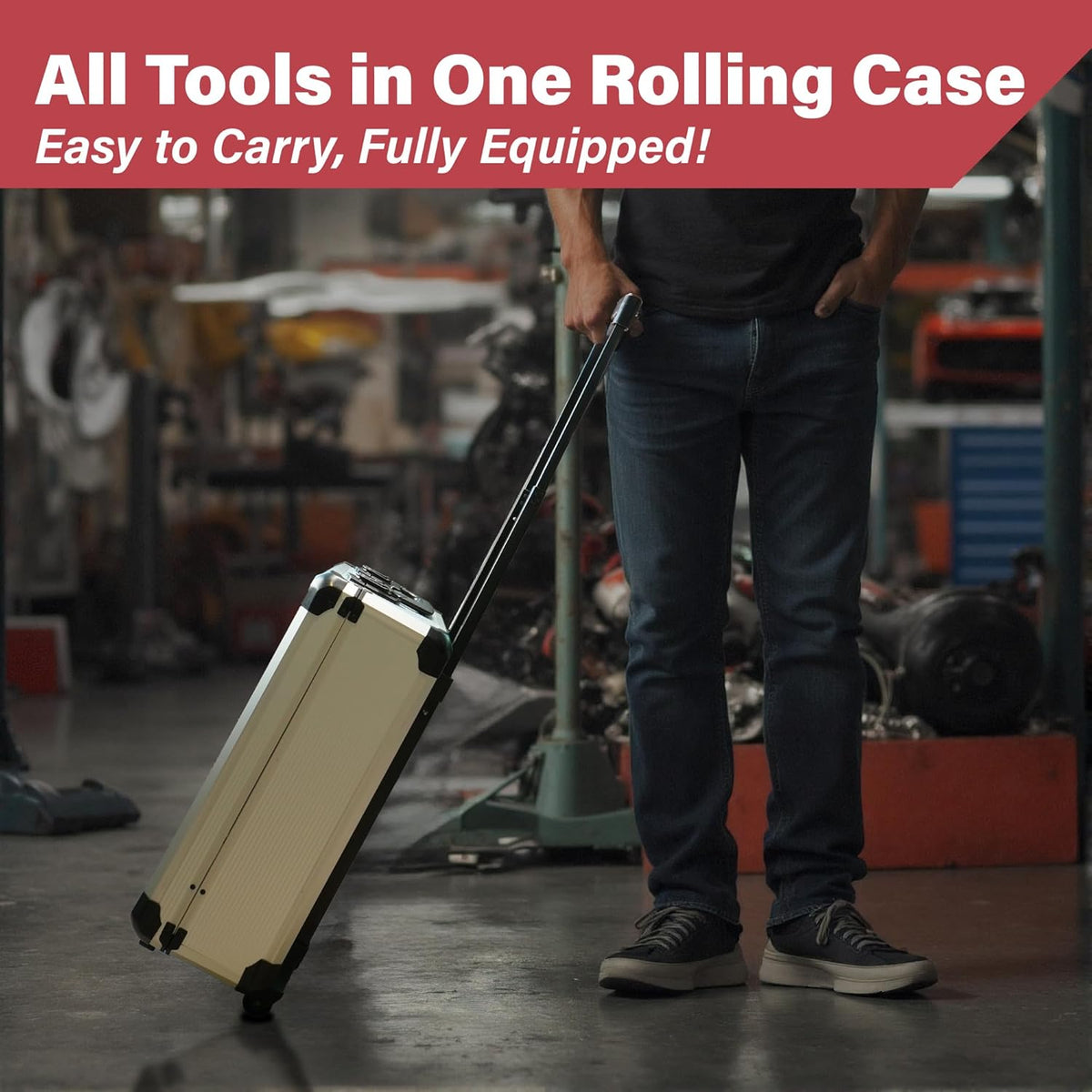 Coffret à équipements trolley en aluminium destiné à homme, 515 pièces, comprenant 4 tiroirs et 4 équipements destiné à la maison, la voiture, le garage et l'entretien. Boîte à équipements doté de roulettes destiné à la réparation automobile.