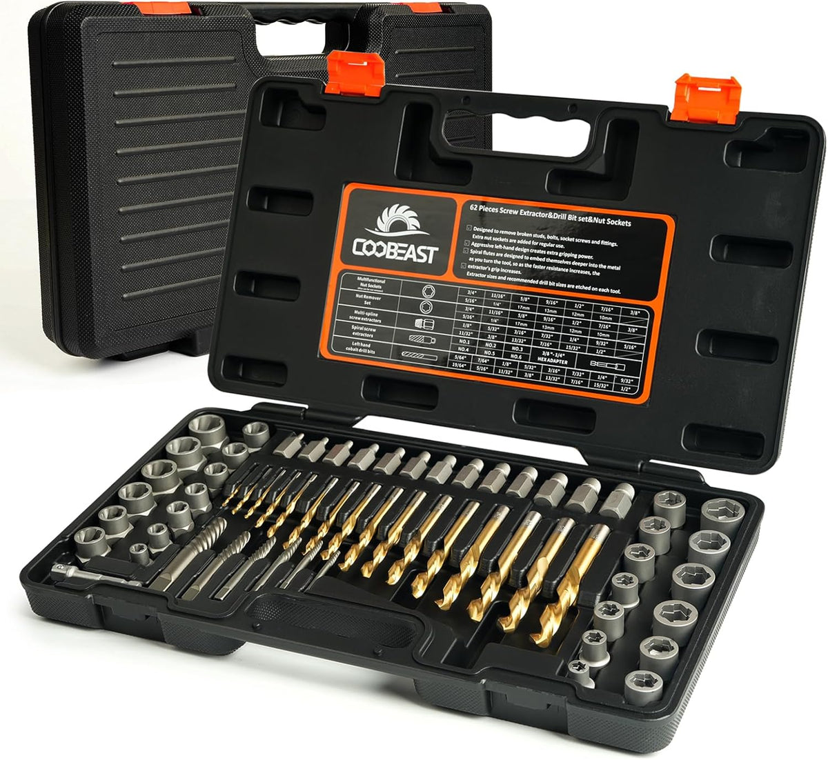 Kit extracteur de vis Coobeast 62 pièces doté de foret à gauche, kit d'extraction de boulons robuste, douilles extractrices faciles à utiliser destiné à écrous et boulons cassés, extraction des vis endommagées, doté de mallette de transport