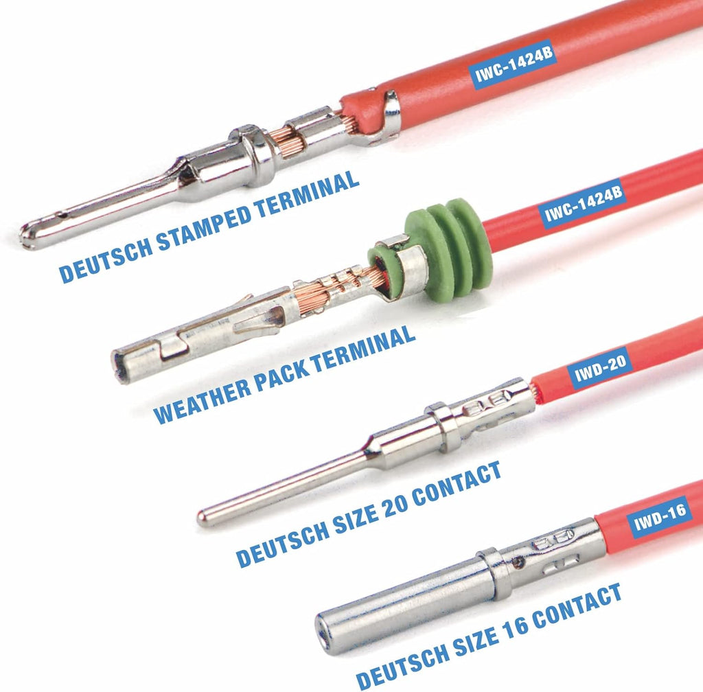 ensemble d'équipements de sertissage de fils IWISS iCrimp KIT-DC02 destiné à connecteurs Deutsch et bornes Weather Pack doté de équipements d'extraction de connecteurs