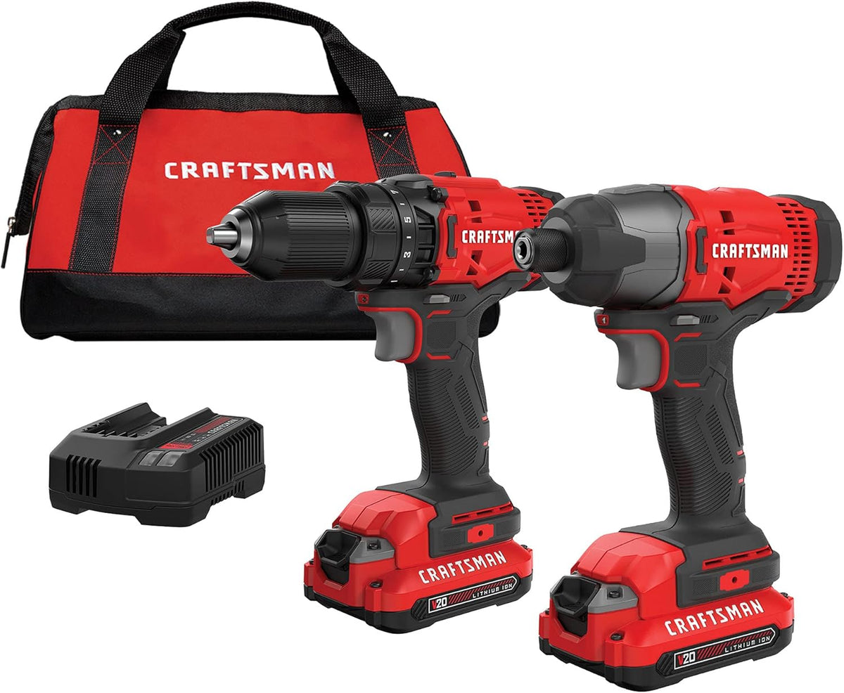 Ensemble perceuse-visseuse et visseuse à percussion sans fil CRAFTSMAN V20 MAX, comprenant 2 batteries, un chargeur, une lampe pour travail LED, 2 embouts et un sac (CMCK200C2)