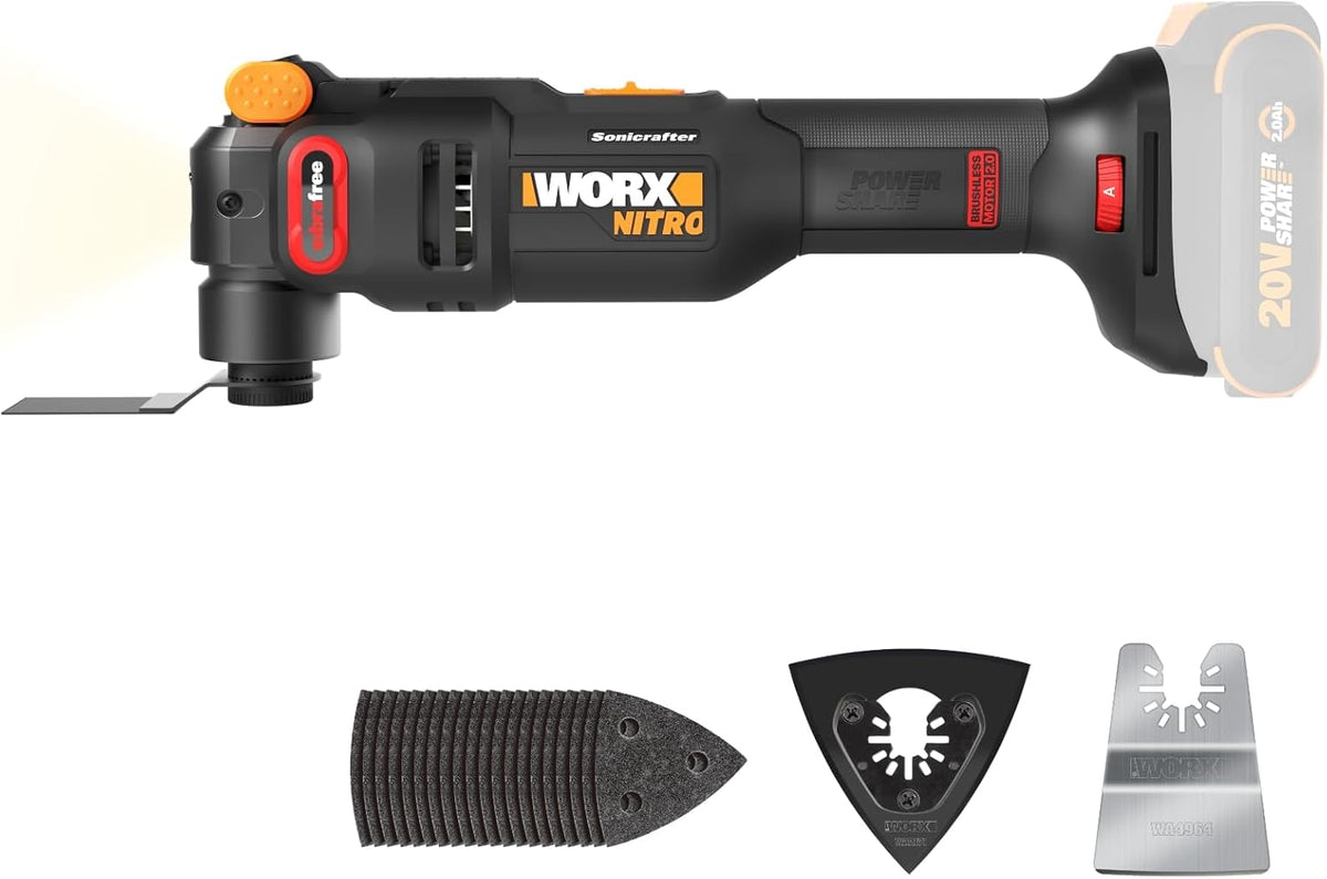 Dispositif multifonction oscillant sans fil Worx Nitro 20 V doté de angle d'oscillation de 5°, technologie VibraFree, design compact, outil seul, 23 accessoires et sac de transport, WX698L.9
