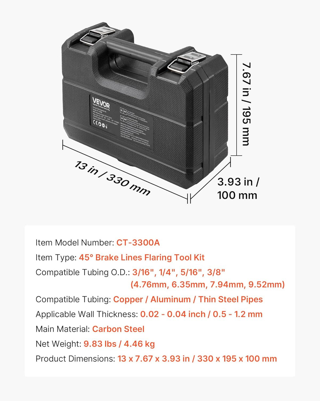 Dispositif d'évasement de conduites de frein pour usage professionnel VEVOR, kit d'évasement à double évasement à 45 degrés destiné à tubes minces en cuivre, aluminium et acier de 3/16, 1/4, 5/16 et 3/8 pouces