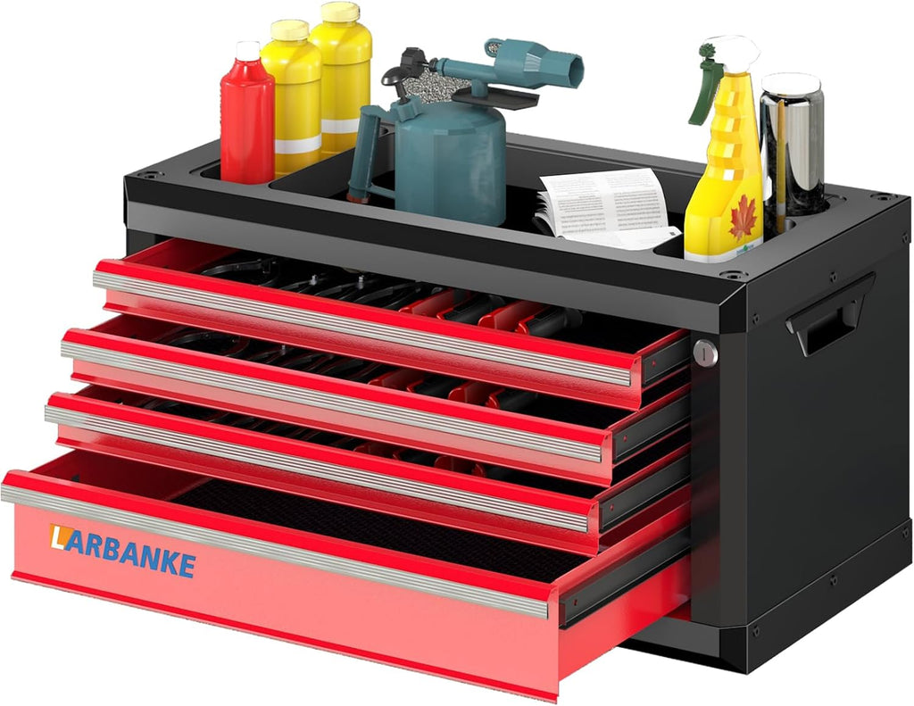 Coffre à outils LARBANKE à 4 tiroirs, coffre à outils portable avec serrure et clés, plateau étanche et antirouille, coins anti-collision, barres de connexion spéciales pour l'empilage avec un coffre à outils à 5 ou 7 tiroirs. – Pratique